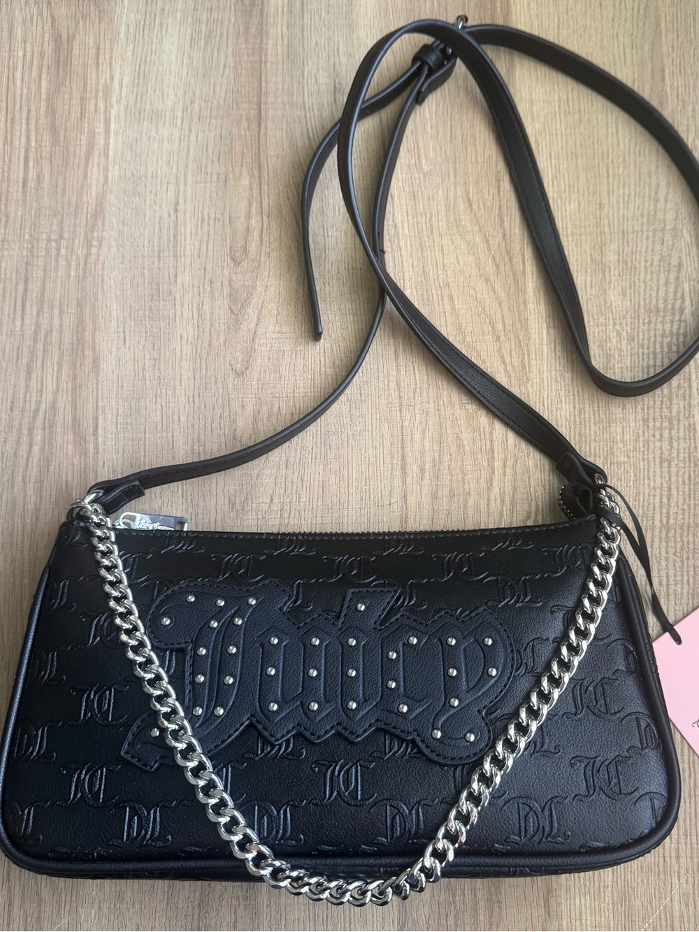 Juicy Couture Women's Black Crossbody bag with Silver chain Adjustable Strap NEW